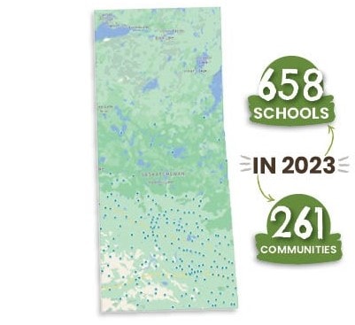 A map of Saskatchewan highlighting the 658 schools in 261 communities that AITC-SK had a presence in last year.
